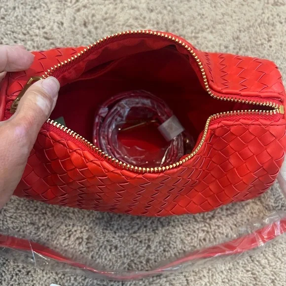 NWT new Anthropologie woven shoulder bag red faux leather zipper purse - Picture 8 of 14